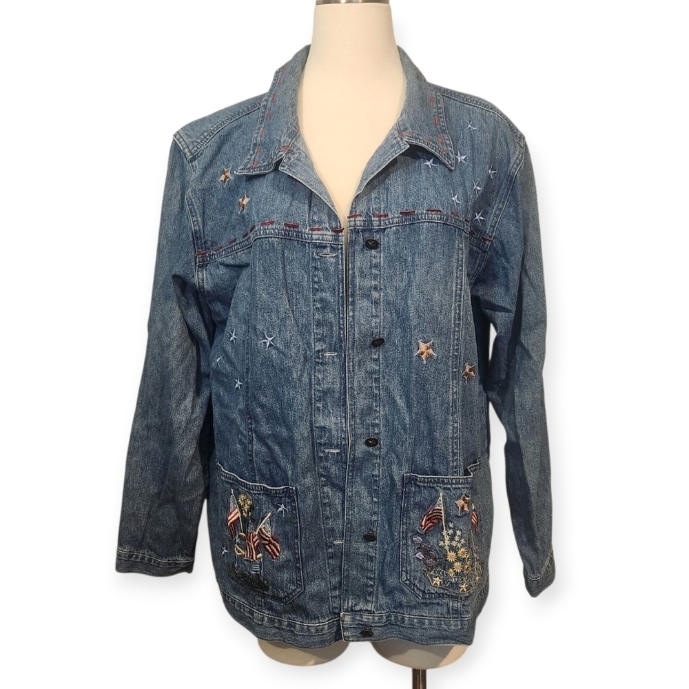 CJ BANKS VINTAGE EMBROIDERED DENIM SHACKET FLORAL STARS AMERICAN FLAG SZ 16W